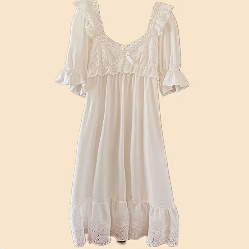 Victorian Cotton Night Dress Women White Sexy Short Sleeve Long Robe Peignoir Vintage Nightgowns Princess Sleepwear Roomwear