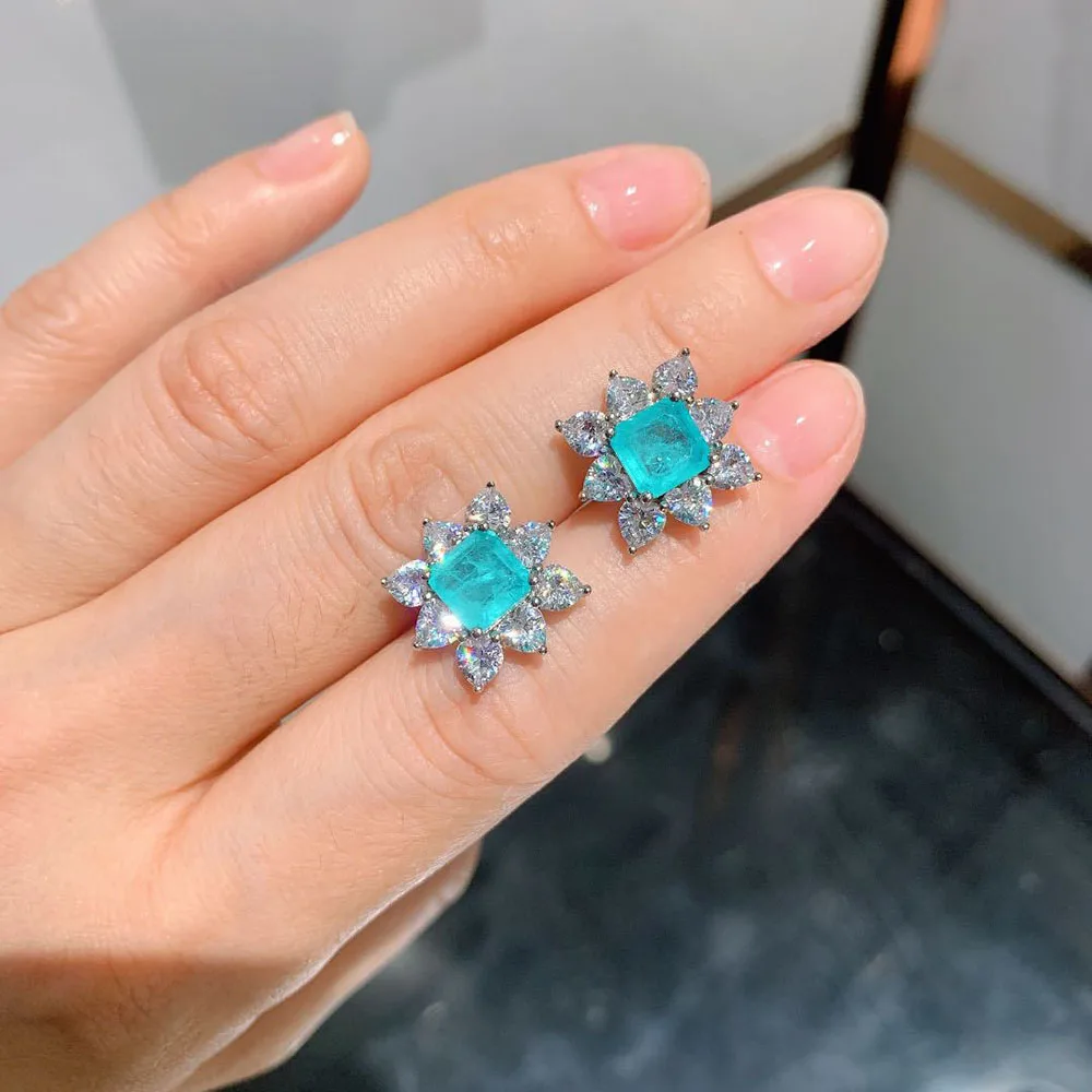 Vintage 7*7MM Paraiba Tourmaline Gemstone Lab Diamond Stud Earrings Gift Fine Jewelry for Women Accessories Statement Wholesale