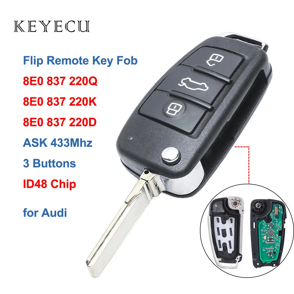 

ID48 Chip 8E0 837 220Q 220K 220D Flip Remote Car Key Fob 3 Buttons 433MHz for Audi A4 Quattro RS4 S4 2005 2006 2007 2008 2009