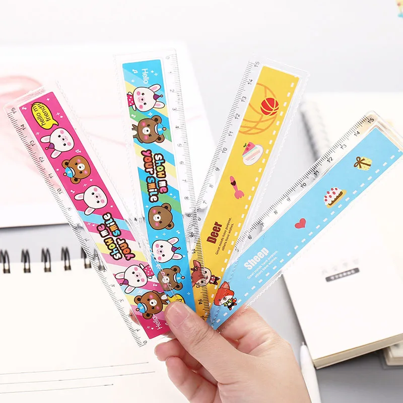 Wholesale 60pcs Cute Cartoon Bear Fox Dear Ruler Kawaii Accessories Kpop Stationery Ruler 15cm Drafting Supplies Cute 6' Rulers