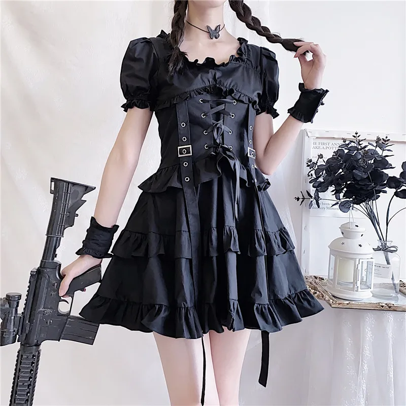 Japanese Lolita Princess Black Sexy Mini Bad Girl Dress Kawaii High Waist Puff Sleeve Lace Ruffles White Party Robe Women