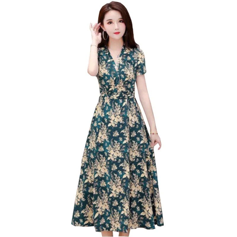 2022 Summer Women's Clothing Dress long New Loose Chic Size 3XL Dress Green Mother Short-Sleeved Floral V-neck Long Dress Female