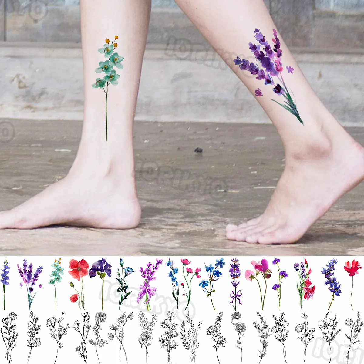 Watercolor Lavender Temporary Tattoos For Women Girls Realistic Thorn Zinnia Flower Fake Tattoo Sticker Arm Leg Tatoos Hot Sale