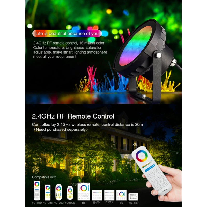 Miboxer FUTC09 18W RGB + wtc inteligentna dioda LED światło ogrodowe IP65 wodoodporna 2.4G RF zdalny inteligentny aplikacja na telefon głos WiFi sterowania AC100 ~ 240V