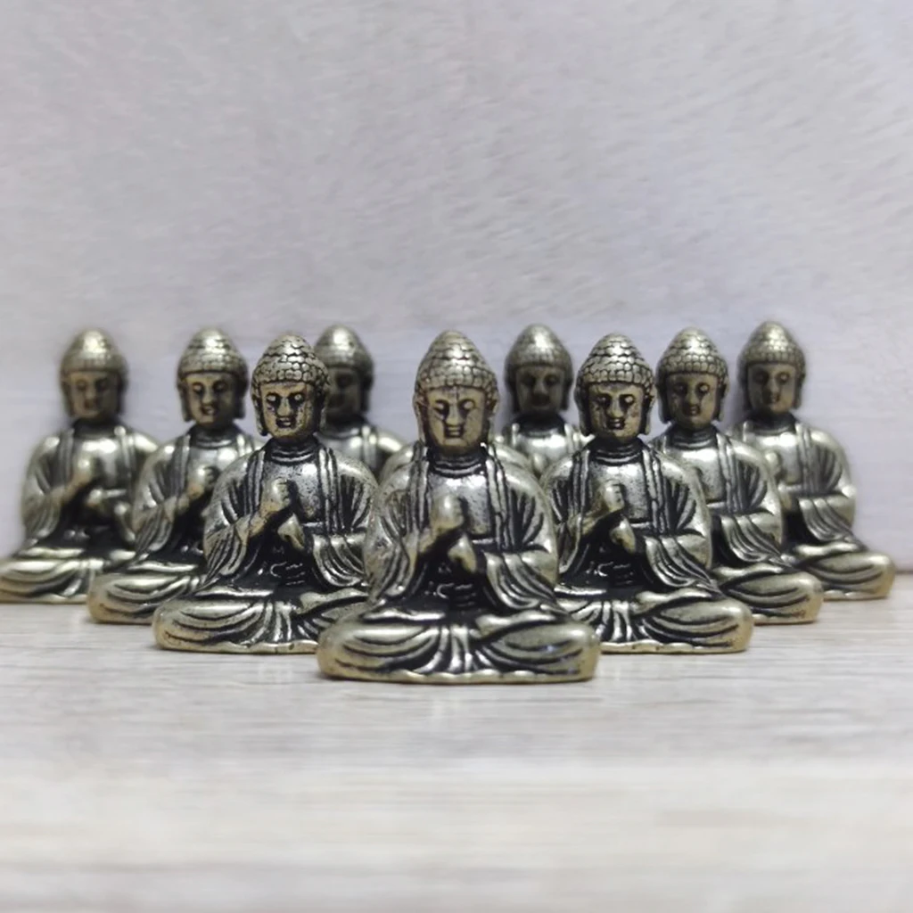 10Pcs Mini Brass Sitting Buddha Statue Figurine for Journey Buddhism Worship Home Office Desktop Decoration