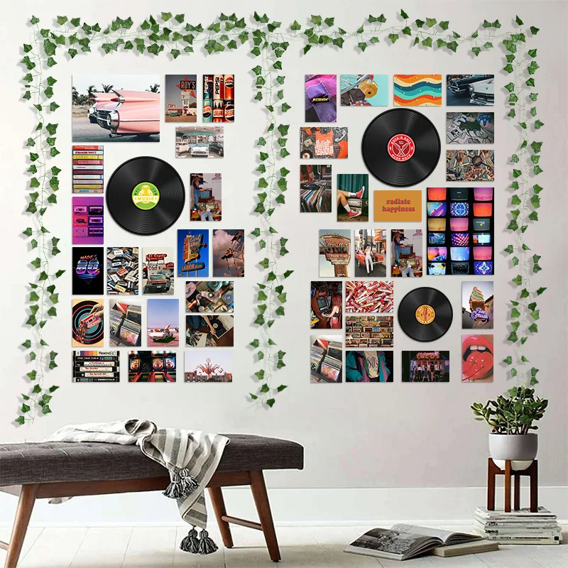 48Pcs Record Wall Aesthetic Collage Kit Retro Style Photo Fake Vines Vintage Album Model Card Bedroom Home Decor for Kids Adults