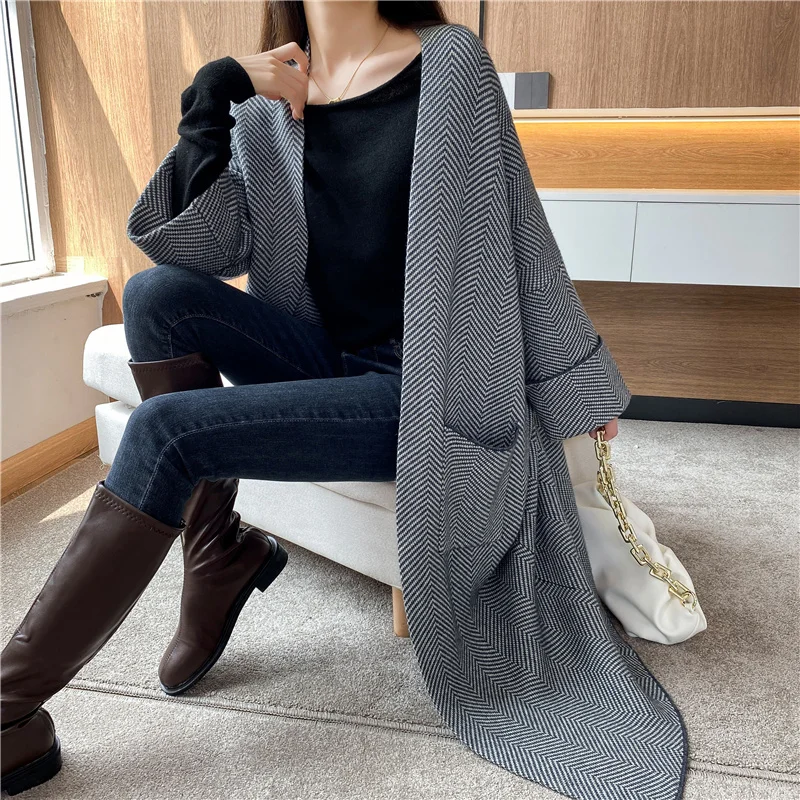 Recommend women's European and American cashmere knitted herringbone coat Long thickened coat versatile casual medium long coat