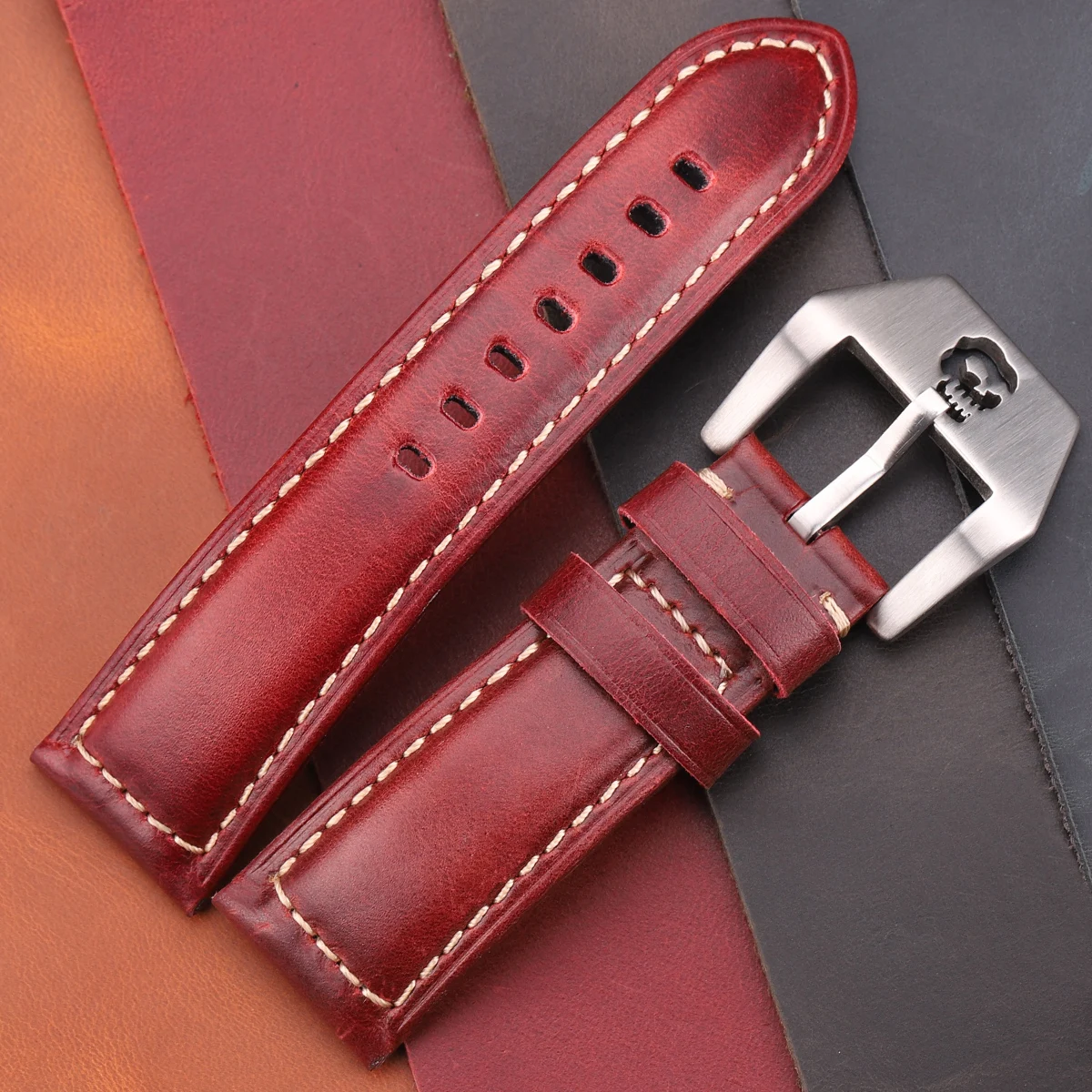 Vintage Watchbands 22mm 24mm 26mm Cow Leather Watch Strap Band Red Blue Green Brown With Skeleton Pin Buckle