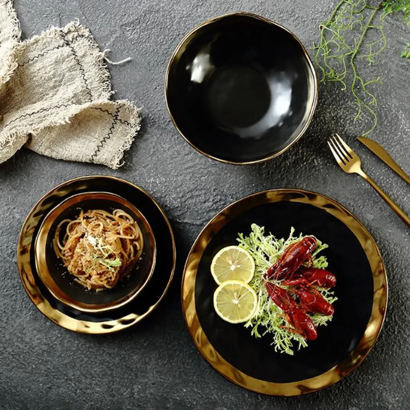 European Style Gold Side Black Plate Retro Matte Steak Dish Dessert Tray Kitchen Dinner Plates Ceramic Dishes Bowls1pcs