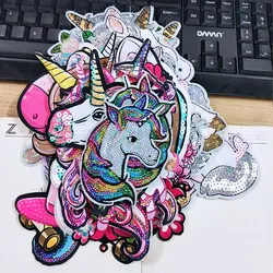 Many Style Unicorn Sequin Patches On Clothes Animal Applique Sew On Patches For Clothes Cartoon Unicorn Stripes Garment Patch