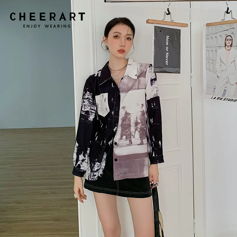 CHEERART Vintage Color Block Button Up Shirt 2021 Trend Fashion Women Long Sleeve Designer Top Baggy Shirt Blouse Autumn Clothes