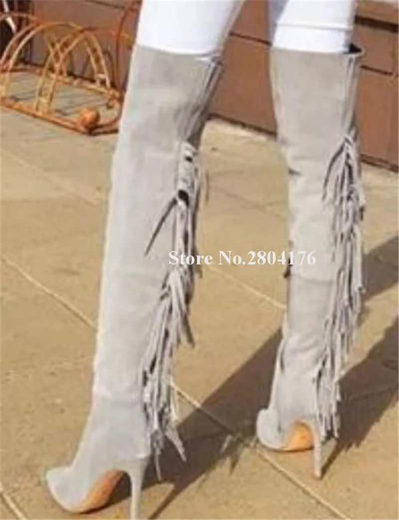 

Women Sexy Style Pointed Toe Sude Leather Over Knee Tassels Boots Light Grey Dark Grey Back Fringes Slim Stiletto Heel Long Boot