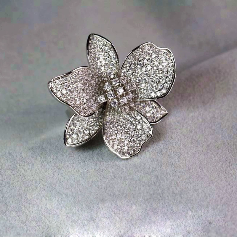 2020 New Bling Zircon Stone Flower Rings for Women Fashion Wedding Engagement Jewelry S925 Sterling Silver Color