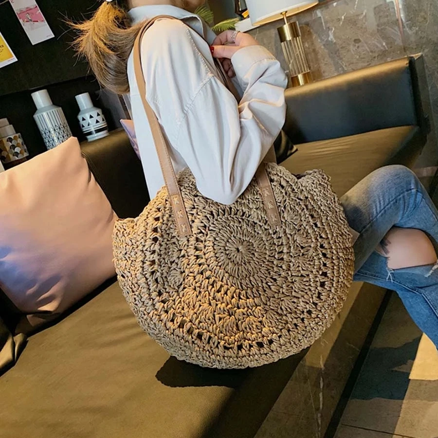 Casual Rattan Women Shoulder Bags Circle Straw Handbags Big Capacity Handmae Summer Totes Lady Round Bohemian Beach Treval Sac