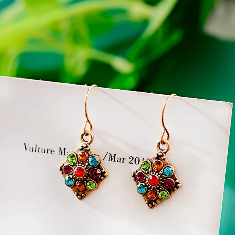 Ethnic Boho Square Statement Rhinestone Earrings For Women Exaggerate Earrings Natural Stones Earring Wedding Jewelry