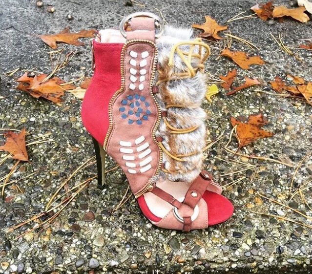 Sexy Ring Buckle With Fur Multi-colors Lace Up Sandals Open Toe High Heels Side Rivets Studs Patchwork Cut-outs Sandal Booties