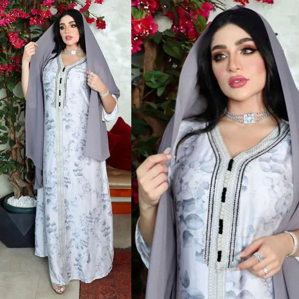 

Arabic Middle East Muslim Women 's Long Dress Printed Islamic Abaya Ramadan Maxi Robe Long Sleeve Turkey Moroccan Kaftan Fashion