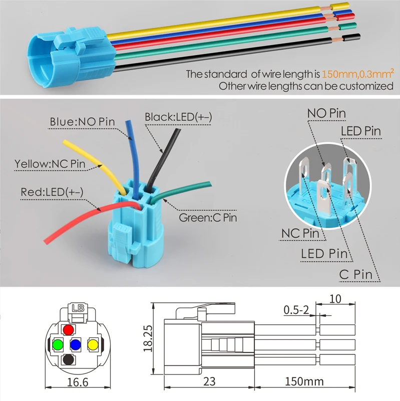 LANBOO 16mm 1NO1NC 5Pin czarny plastikowy przełącznik z LED 12V24V220V zatrzask lub chwilowy