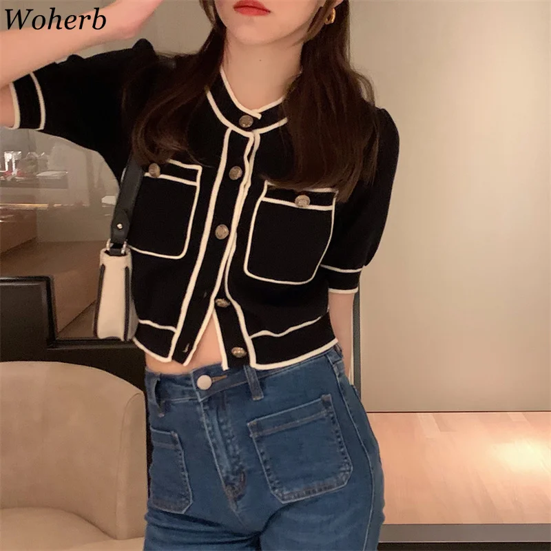 Woherb Stylish Vintage Contrast Color Knitted Cardigan Women 2024 Summer Short Sleeve Thin Female Knitwear Tops Sweater Coat