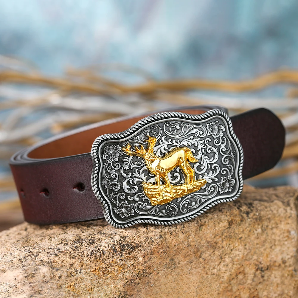 

Western cowboy zinc alloy two-color deer belt buckle leather belt with jeans belt gift item