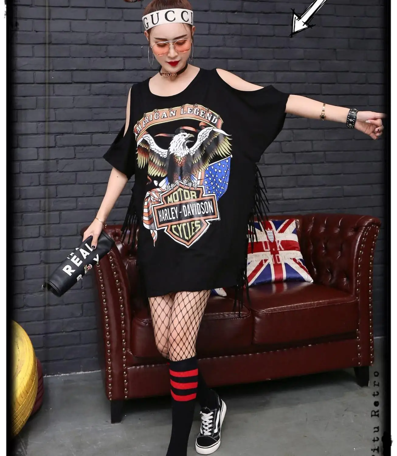 Women's Unique Streetwear Loose Blouse Summer Longtees Tassels Eagle Printed Fashion Hip Hop Dancers Female Tops NS823