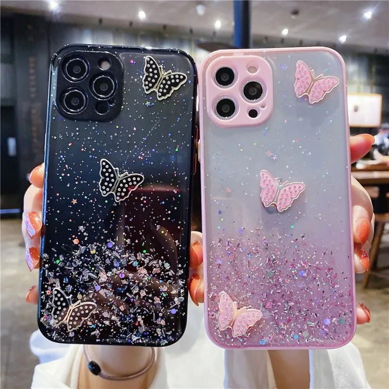 Fashion 3d Bling Butterfly Female Soft Case For Iphone 16 15 13 14 11 12 Pro Max Mini 7 8 Plus Xr X Max Se Phone Cover Fundas