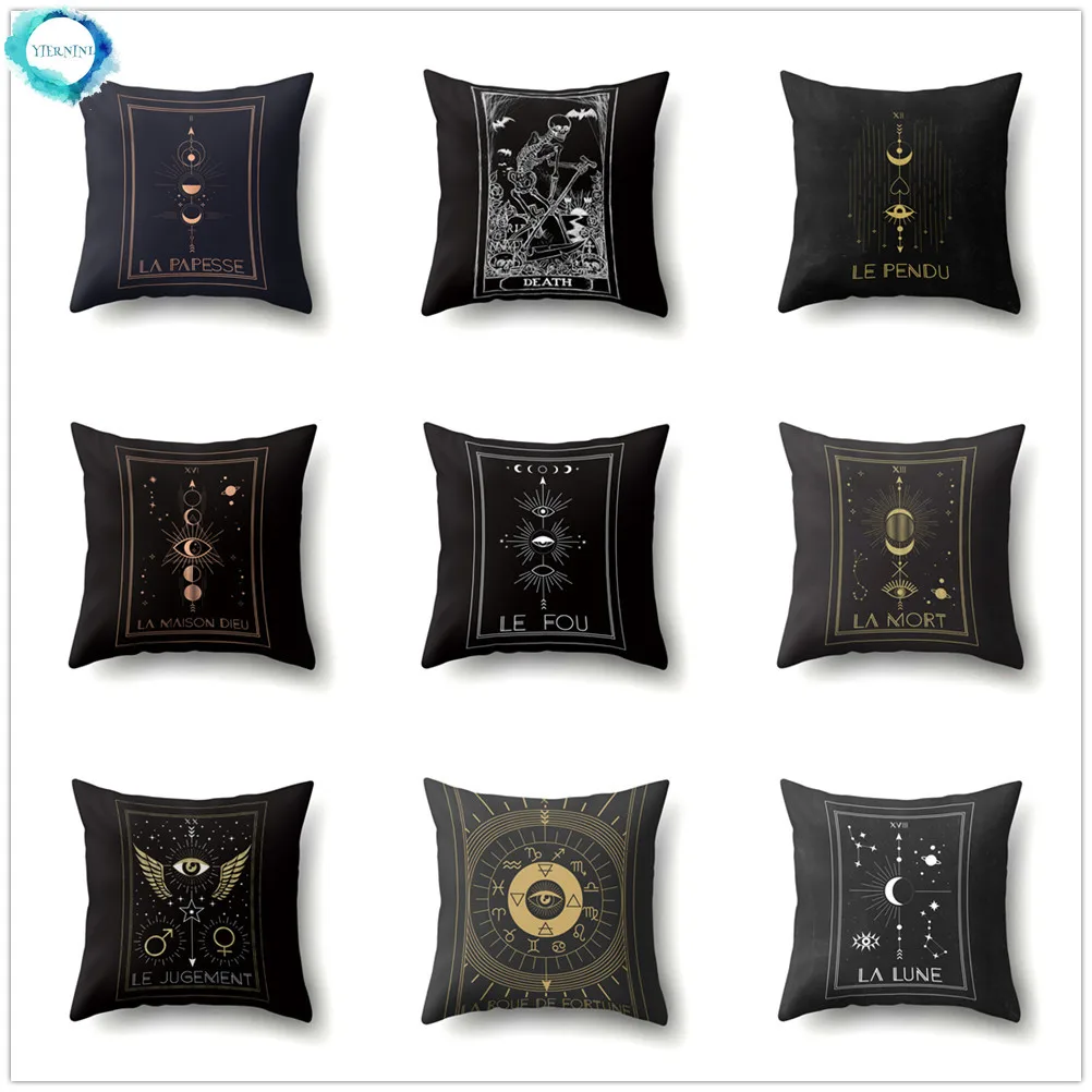 

Tarot Black Polyester Cushion Cover Home Decor Sun and Moon Mysterious Decorative Throw Pillow Covers for Sofa Bedroom 45x45cm