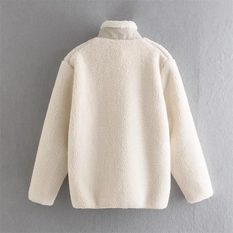 PUWD Casual Women Polar Fleece Faux Lamb Wool Fleece Jacket 2022 Spring Patchwork Pocket Zipper Jacket Loose Female Chic Outwear