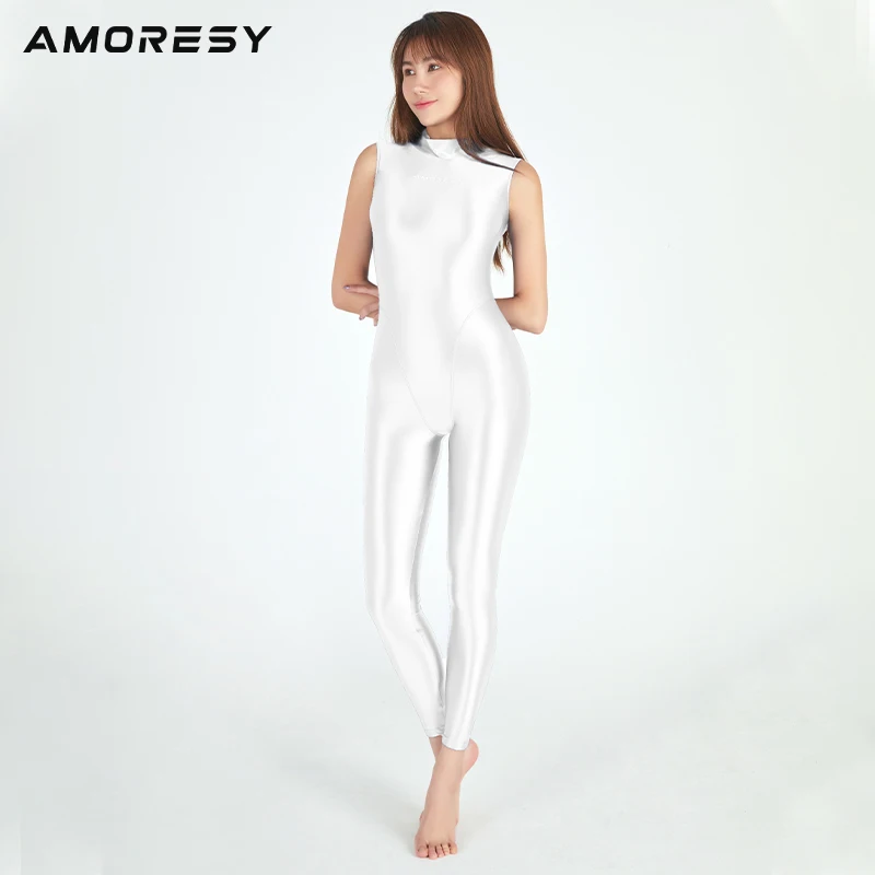 AMORESY sexy shiny high neck tights glossy smooth casual running Jumpsuit Yoga casual pants sexy 9-point sportswear