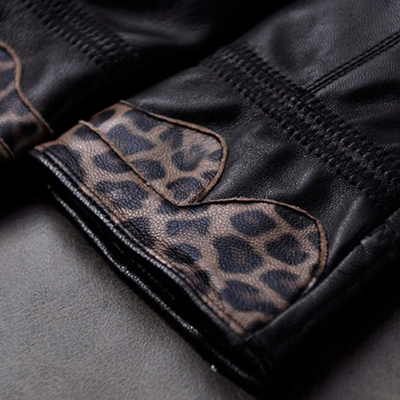 100% Genuine Leather gloves women fashion leopard sheep leather mittens winter plus velvet thick warm cycling driving gloves E79