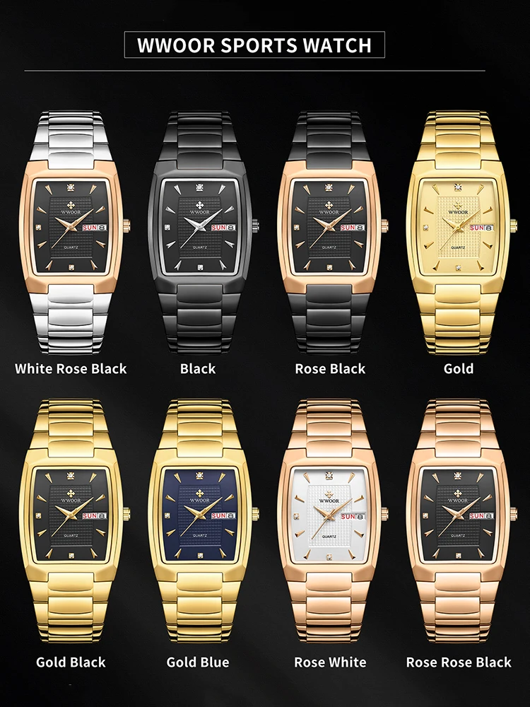 WWOOR Luxury Man Wristwatch Business Stainless Steel Quartz Men Watch Waterproof Date Square Fashion Men\'s Watches Clock Gifts