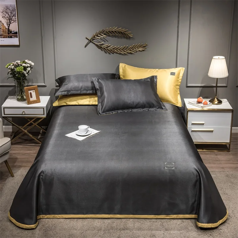 

2024 Newest Products Pure Color Embroidered ice Silk Mat Bed Cover fitted sheet Pillowcases 3 pcs Luxury Bedding Dark Gray Color