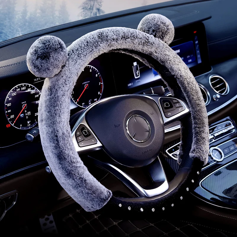 Cartoon Cute Panda Plush Car Steering Wheel Cover Universal Winter Rhinestone Steering Wheel Case Soft Fluffy Auto Accessories