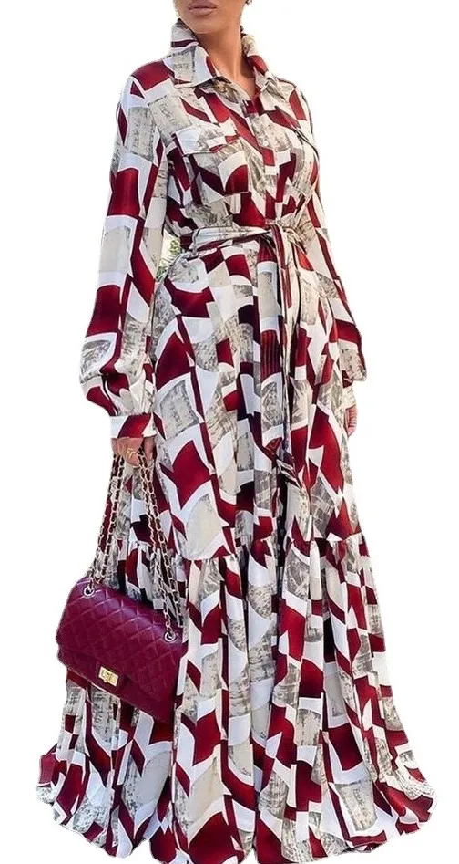 African Shirt Maxi Dress Women High Waist Full Sleeve Robes Spring New Fashion Print Elegant Streetwear African Dresses Vestidos