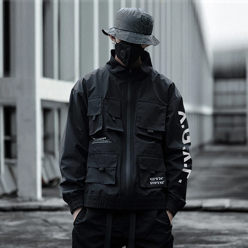 Nuovo Nero Cargo Giubbotti Giacca A Vento Da Uomo Streetwear Giacca Tattica Pullover Multi-tasca Maschio 2025 Autunno Cappotto Con Cappuccio GM659