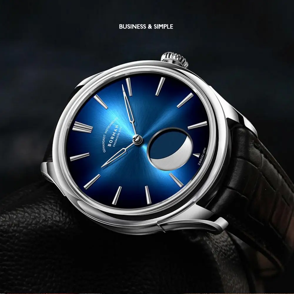 Reloj BORMAN Moonphase para hombre, relojes automáticos de lujo para hombre, relojes de pulsera mecánicos de viento automático, espejo de zafiro resistente al agua hasta 50m