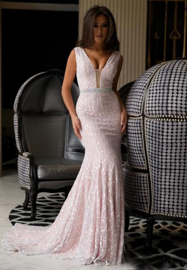 Sexy Diepe V-hals Mermaid Lange Vestido De Noiva 2018 Roze Kant Formele Slijtage Kralen Sweep Trein Bruidsjurk Bruidsmeisje jurken