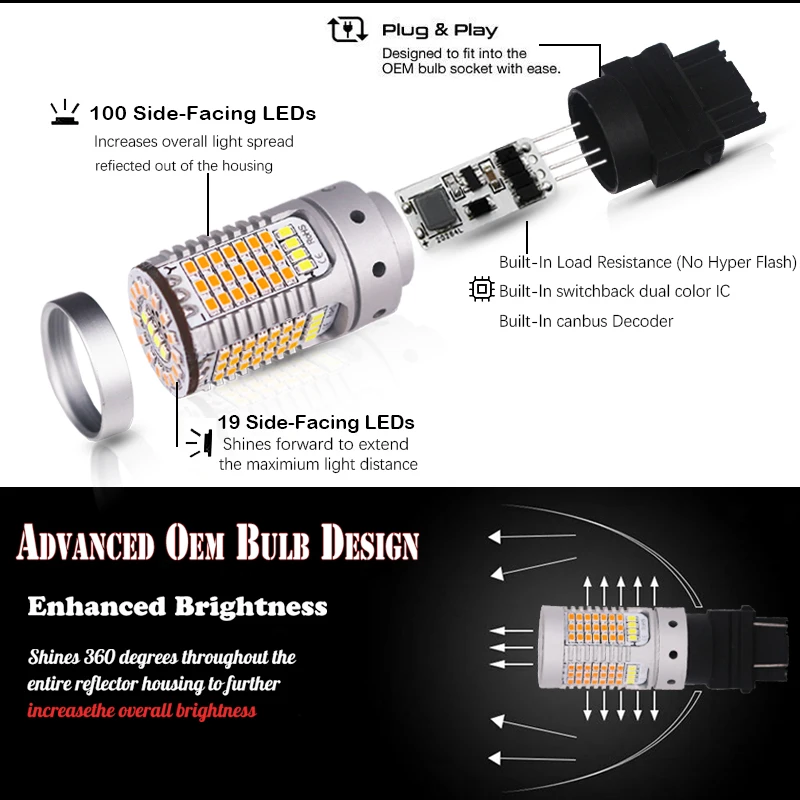 Error Free No Hyper Flash Dual Color Switchback White/Amber 3157 12V 3155 T25 LED Bulbs For Daytime Running/Turn Signal Lights