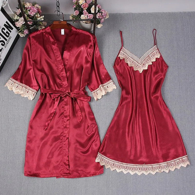 Moda mujer Borgoña bata de seda sintética verano caliente Sexy camisones de encaje mujeres ropa de dormir vestido mujer pijamas conjunto Albornoz