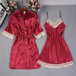 Fashion Women Burgundy Faux Silk Robe Hot Summer Sexy Lace Nightgowns Women Sleepwear Dress Woman Pajamas Set Bathrobe