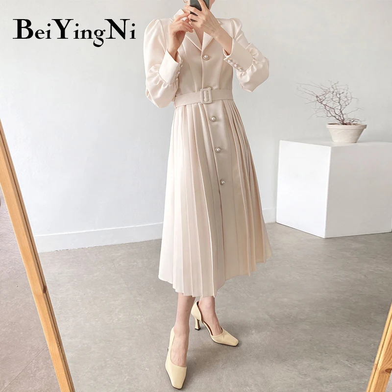 Beiyingni Herbst Anzug Kleid Frauen Casual Tasten Gürtel Plissee Damen Solide Voll Langarm Weibliche Kleid CHIC Elegante Vestido