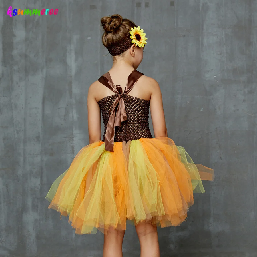 Fall Sunflower Girls Tutu Dress with Matching Headband Kids Woodland Fairy Costume Children Thanksgiving Birthday Tutu Dress