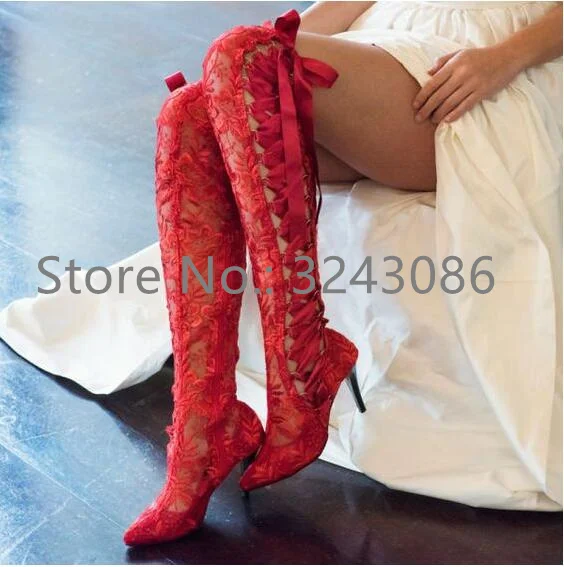 Sexy Black Lace Lace-up Woman Long Boots Fashion Pointed Toe Stiletto Heel White Red Wedding Shoes Sexy Female Banquet Boots