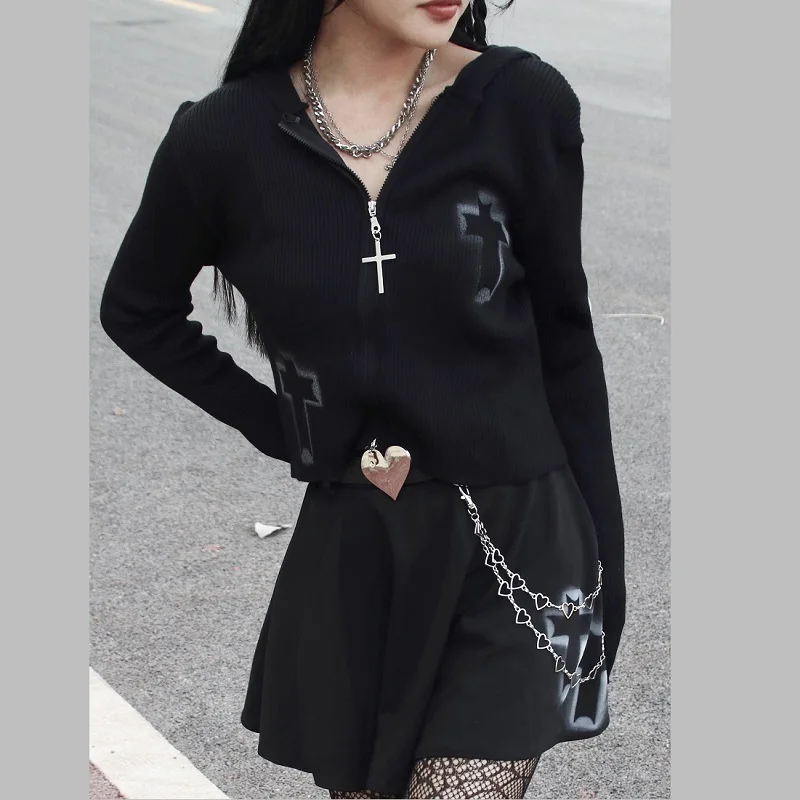 Gothic Dark Black Knitted Cardigan Rock Punk Cross Print Autumn Long Sleeve Zipper Slim Knitted Sweater Female Streetwear