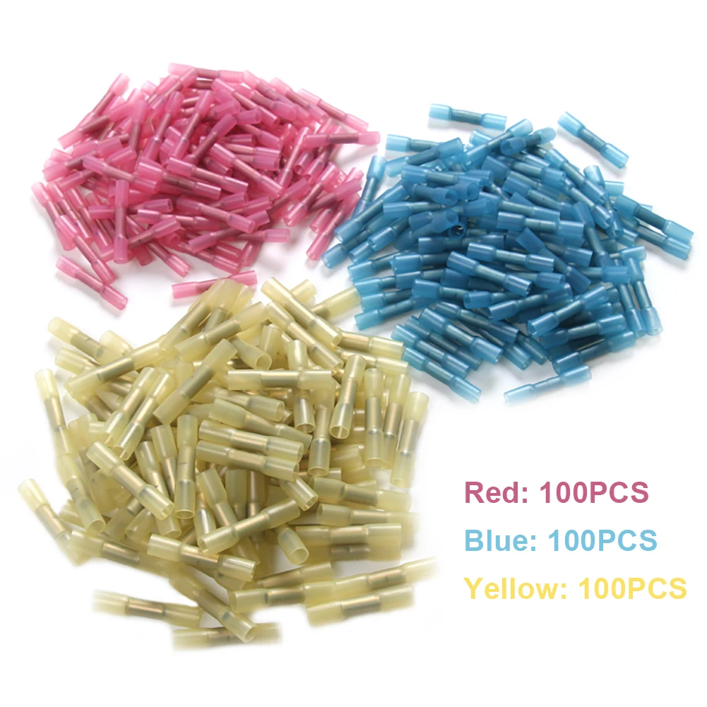 300Pcs Heat Shrink Butt Crimp Terminals Assortment Waterproof Solder Sleeve Tube Electrical Wire Insulated Butt Connectors Kit