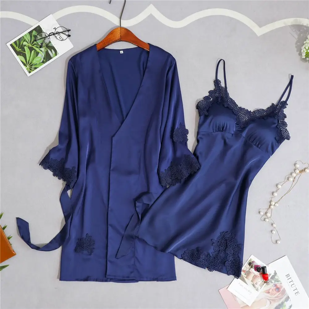 Robe Gown Sets Women Summer Lace Silk Dress Leisure Elegant 2pcs Sleep Lounge Robe Sleepwear Womens Nightdress Soft Bathrobe New