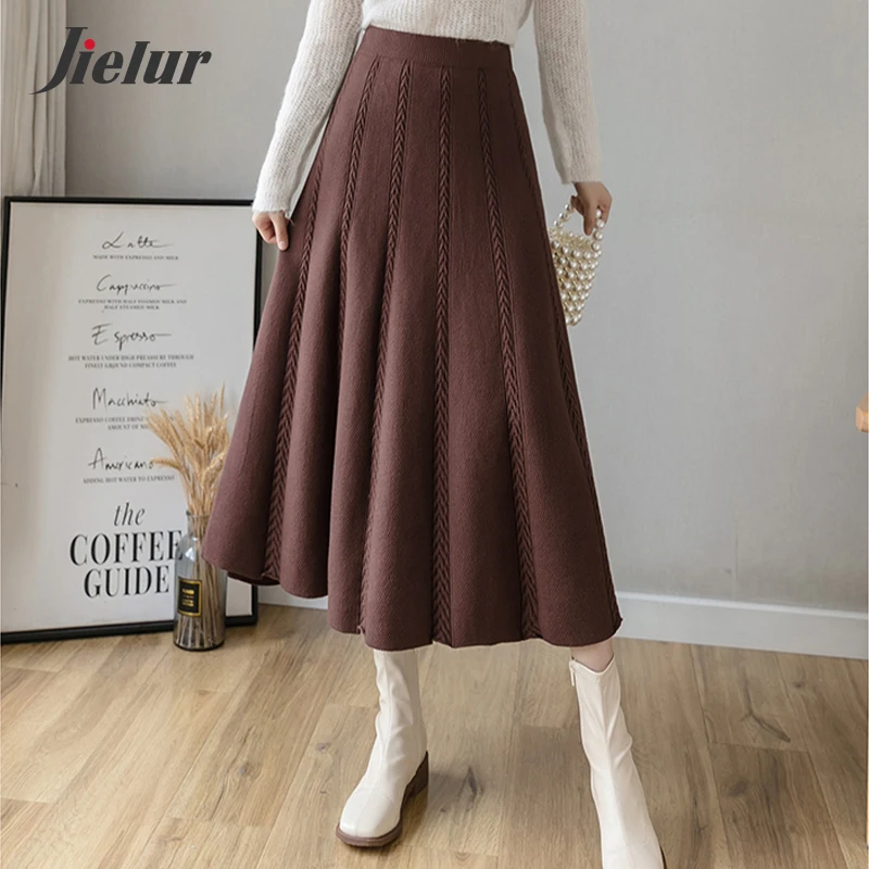 Jielur New Korean Knitted Skirt Female High Street Fashion Thick Coffee Black Pleated Skirts Warm Autumn Winter Women Long Skirt