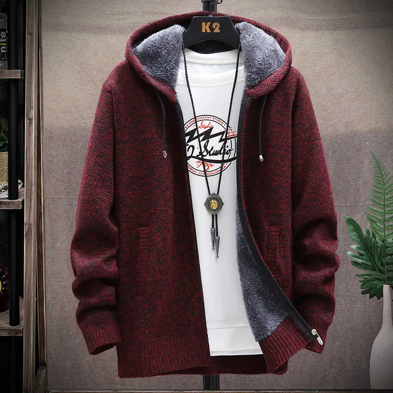 Autumn Winter Men's Sweaters Hooded Zipper Cardigan Korean Sweaters Jacket Fleece Lined Hoodies Windbreaker Coat