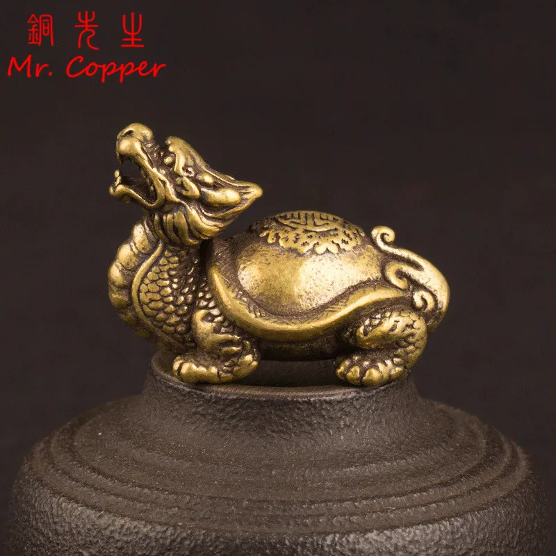 Retro Brass Mythical Beast Dragon Head Turtle Body Figurines Miniatures Heavy Copper Lucky Animal Statue Desktop Ornament Decors