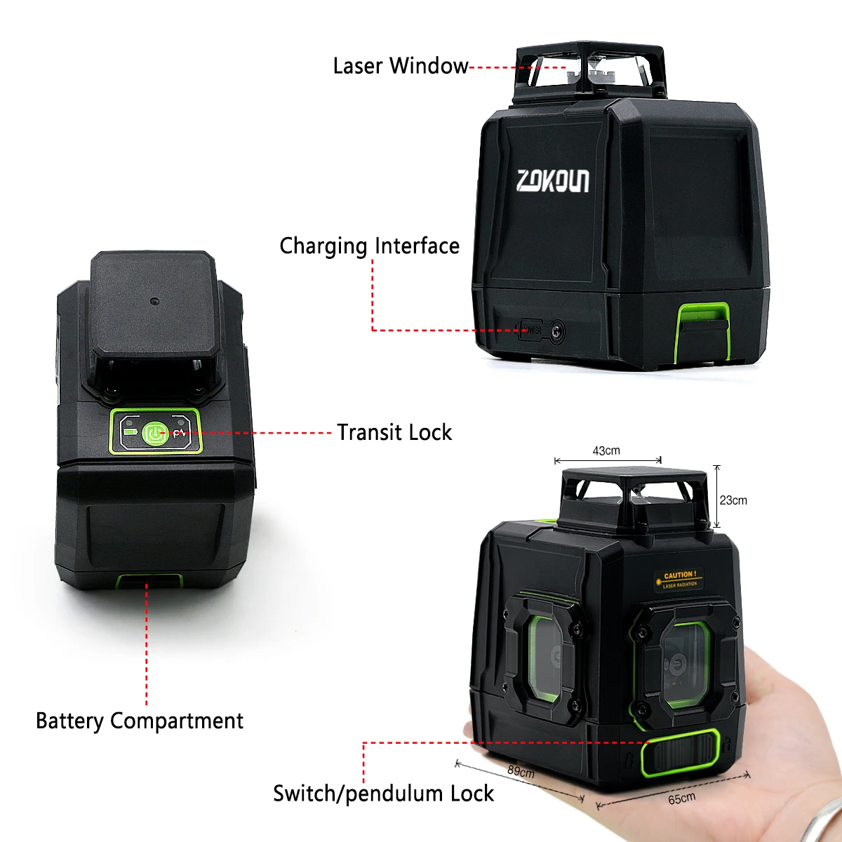 ZOKOUN 6 lines German laser diode Green beam Cross line Laser Level with Pulse Receiver Mode and 5200mah lithium battery